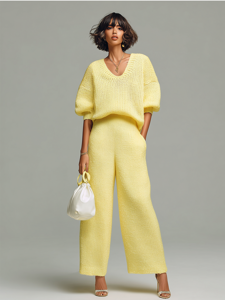 4Seasons Chic Casual Yellow V-Neck Short-Sleeve Loose-Fit Top Wide-Leg Pants Ribbed Knit Two-Piece Set