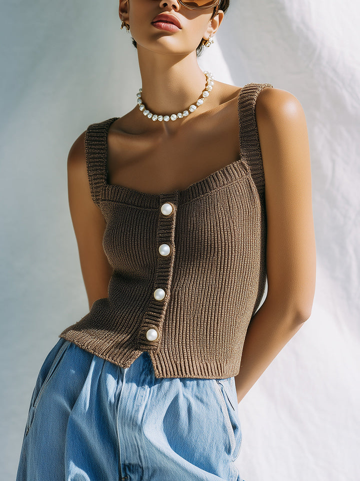 4Seasons Chic Casual Brown Square Neck Sleeveless Button Details Slim-Fit Ribbed Knit Tank Top