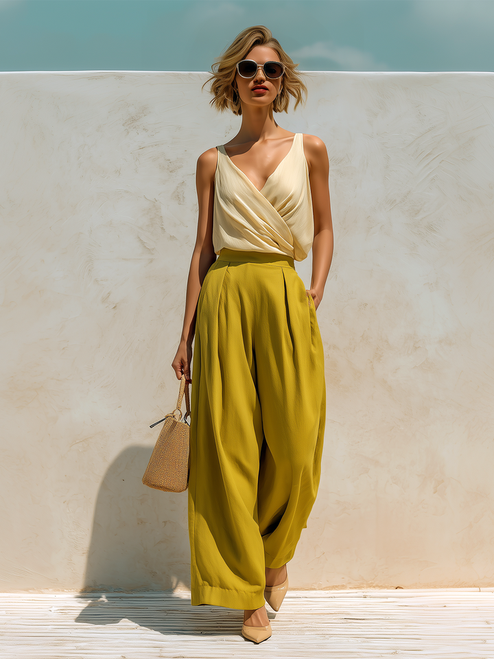 4Seasons Chic Elegant Beige V-neck Tank Top Loose Mustard Yellow Chiffon Wide-Leg Pants Two-Piece Set