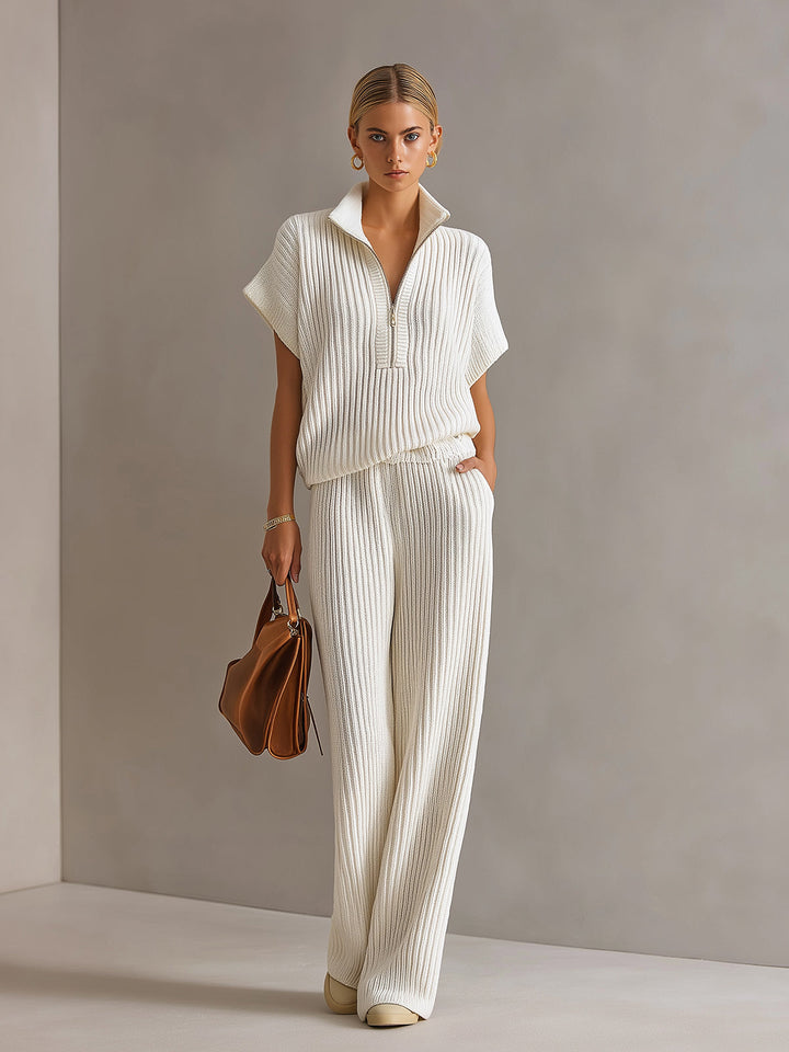 4Seasons Chic Elegant Cream White Zipper-Up Stand Collar Oversize Short-Sleeve Sweater  Wide-Leg Pants Ribbed Knit Two-Piece Set