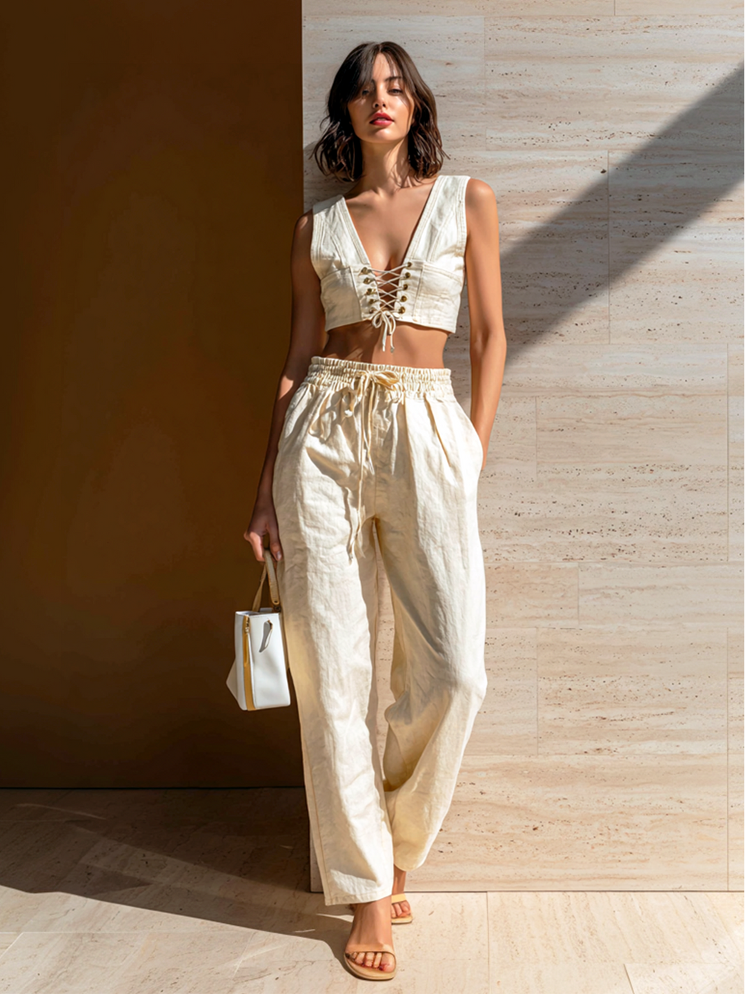 4Seasons Chic Elegant White V-Neck Eyelet Lace-Up Tank Top Loose Cotton Wide-Leg Pants Two-Piece Set