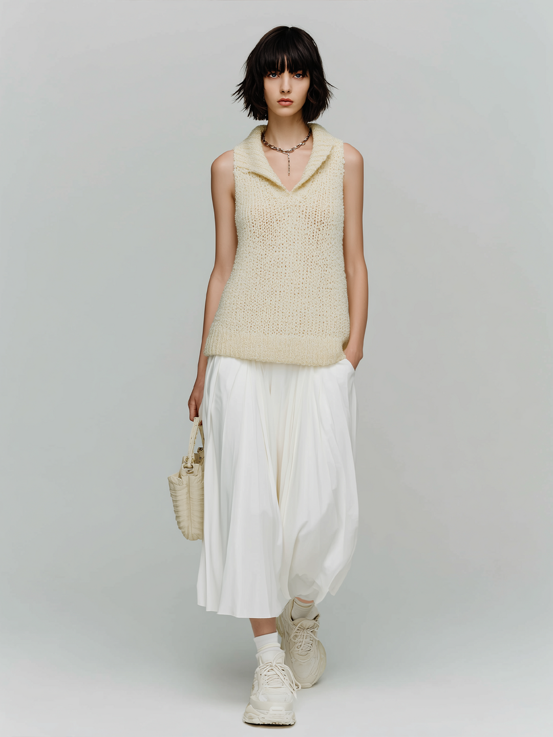 4Seasons Chic Elegant Cream White Collar V-Neck Sleeveless Knit Sweater Loose A-Line Chiffon Maxi Skirt Two-Piece Set