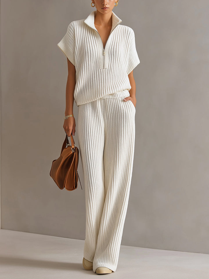 4Seasons Chic Elegant Cream White Zipper-Up Stand Collar Oversize Short-Sleeve Sweater  Wide-Leg Pants Ribbed Knit Two-Piece Set