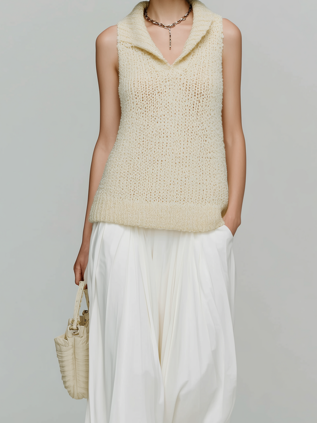 4Seasons Chic Elegant Cream White Collar V-Neck Sleeveless Knit Sweater Loose A-Line Chiffon Maxi Skirt Two-Piece Set