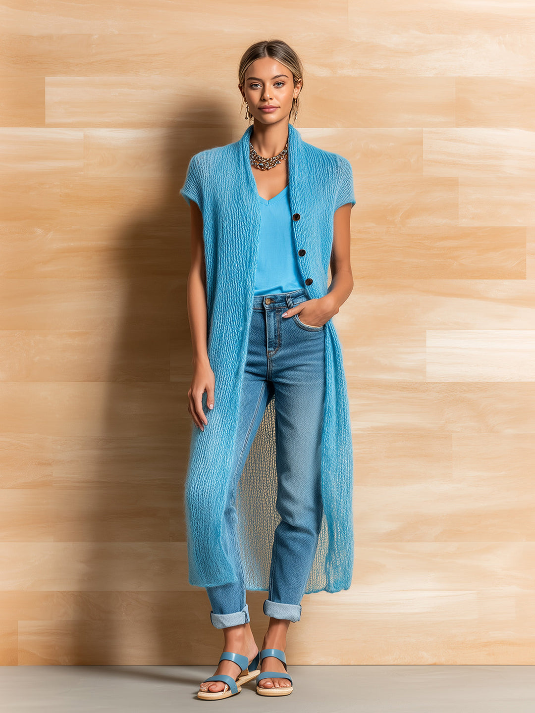 4Seasons Chic Elegant Blue Collarless Single-Breasted Short-Sleeve Loose-Fit Mohair Knit Long Cardigan