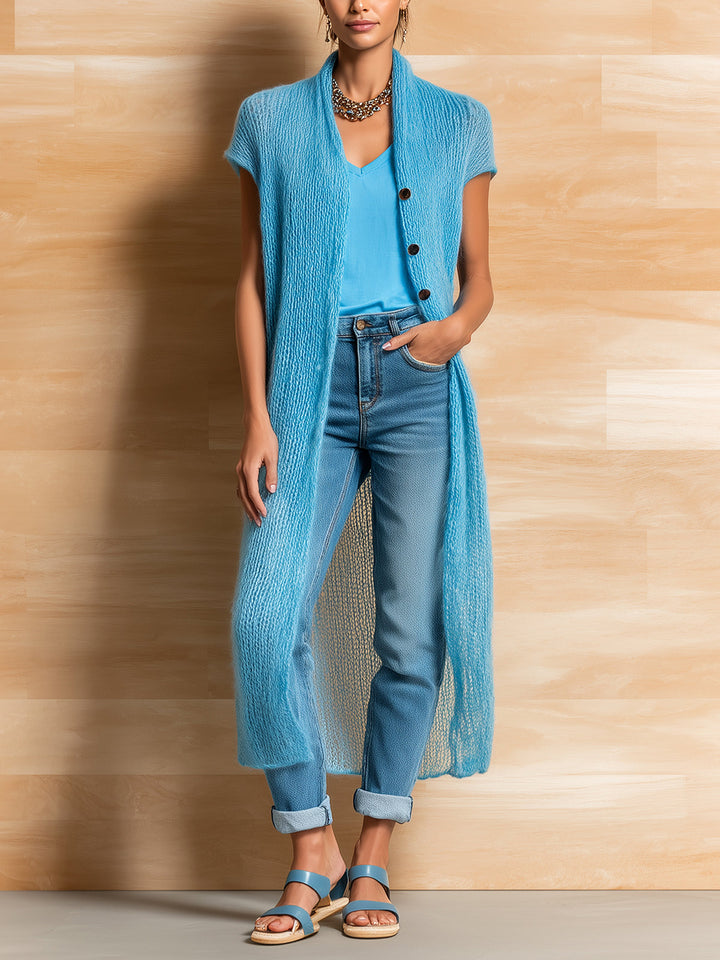 4Seasons Chic Elegant Blue Collarless Single-Breasted Short-Sleeve Loose-Fit Mohair Knit Long Cardigan
