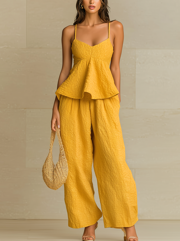4Seasons Chic Elegant Yellow V-Neck Flounced Hem Tank Top Loose Crinkled Fabric Wide-Leg Pants Two-Piece Set